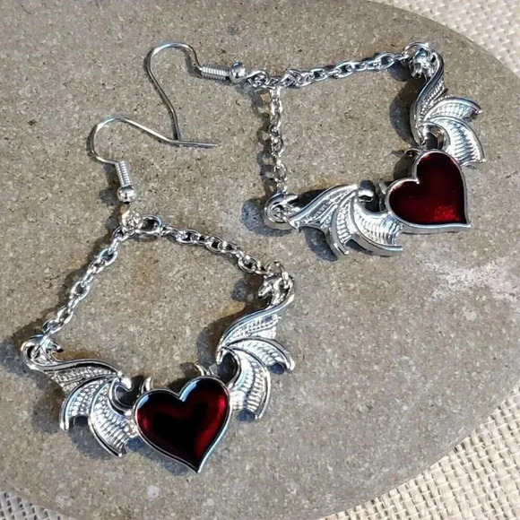 Vampire Goth Blood Red Heart Silver Enamel Chain Earrings - Picture 1 of 8